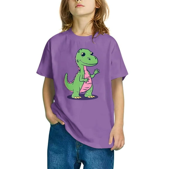 Odeerbi Kids Boys Girls T-shirt Dinosaur Print Short Sleeve Tee Tops 3-14 Years Kids Summer Graphic Shirts Round Neck Crop Top Light Purple
