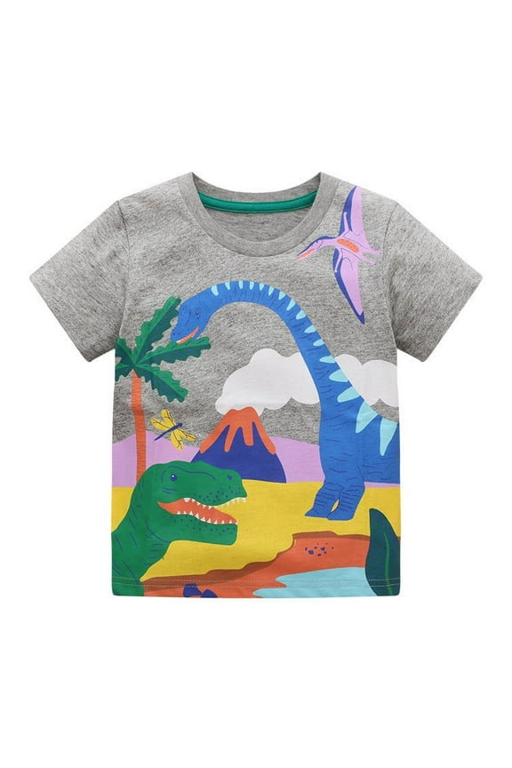 Kids Boys Girls T-shirt Dinosaur Print Short Sleeve Tee Tops Children Summer Round Neck Cute Shirts Gray
