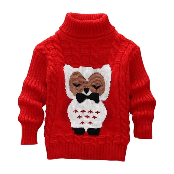 Odeerbi Kids Boys Girls Turtleneck Sweater Winter Thermal Cable Knit Sweater 1-12 Years Children's Owl Print Loose Sweater Long Sleeve Sweater Kids Clothes Red