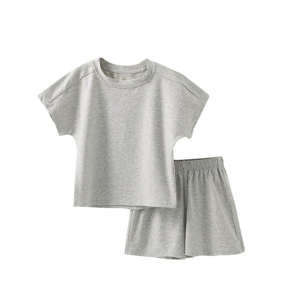 Odeerbi Kids Boys Girls Two Piece Outfits Cotton Summer Clothes Children Solid Color Short Sleeve Round Neck Blouses T-shirt Loose Leisure Shorts Sets Gray