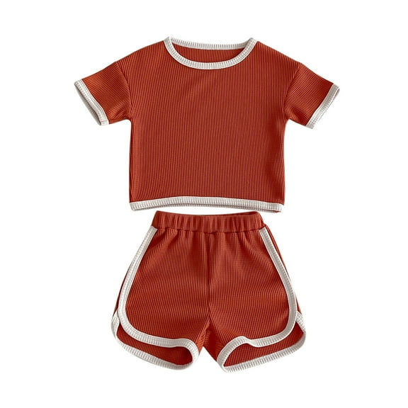 Odeerbi Kids Boys Girls Two Piece Outfits Cotton Summer Clothes Children's Casual Color Blocked Lace Short Sleeve Round Neck Top Shirt Shorts Two-piece Set Orange