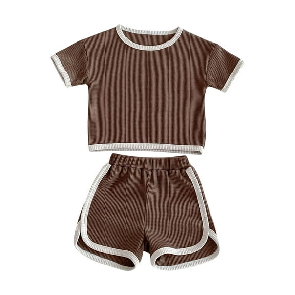 Odeerbi Kids Boys Girls Two Piece Outfits Cotton Summer Clothes Children's Casual Color Blocked Lace Short Sleeve Round Neck Top Shirt Shorts Two-piece Set Brown