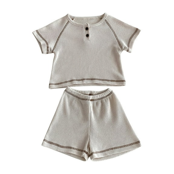 Odeerbi Kids Boys Girls Two Piece Outfits Cotton Summer Clothes Children's Casual Solid Color Short Sleeve Round Neck Top Shirt Shorts Two-piece Set Beige