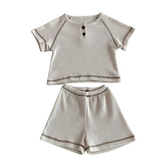 Odeerbi Kids Boys Girls Two Piece Outfits Cotton Summer Clothes Children's Casual Solid Color Short Sleeve Round Neck Top Shirt Shorts Two-piece Set Beige