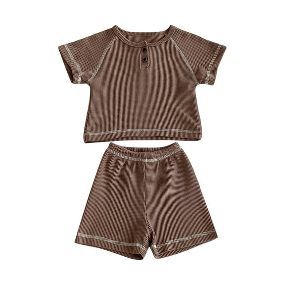 Odeerbi Kids Boys Girls Two Piece Outfits Cotton Summer Clothes Children's Casual Solid Color Short Sleeve Round Neck Top Shirt Shorts Two-piece Set Brown