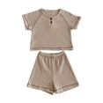 thumbnail image 1 of Odeerbi Kids Boys Girls Two Piece Outfits Cotton Summer Clothes Children's Casual Solid Color Short Sleeve Round Neck Top Shirt Shorts Two-piece Set Khaki, 1 of 8