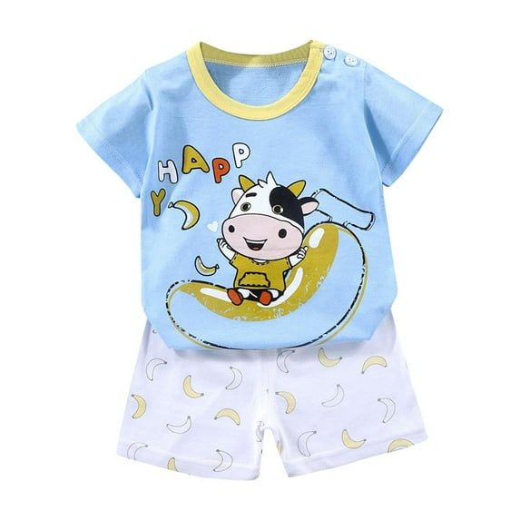 Odeerbi Kids Boys Girls Two Piece Outfits Cotton Summer Clothes Fashion Casual Cartoon Printed Round Neck Short Sleeve Tops Printed Shorts Set Light Blue