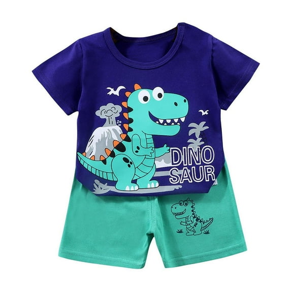 Odeerbi Kids Boys Girls Two Piece Outfits Cotton Summer Clothes Fashion Casual Cartoon Printed Round Neck Short Sleeve Tops Printed Shorts Set Dark Blue