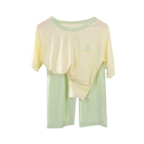 Odeerbi Kids Boys Girls Two Piece Outfits Modal Summer Clothes Fashion Casual Solid Color Round Neck Short Sleeve Tops Printed Shorts Set Yellow