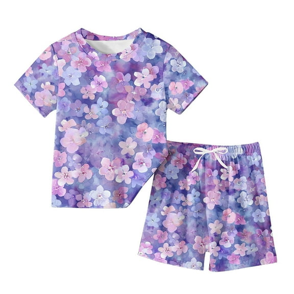 Odeerbi Kids Boys Girls Two Piece Outfits Summer Clothes Fashion Casual Cartoon Printed Round Neck Short Sleeve Tops Printed Shorts Set Purple