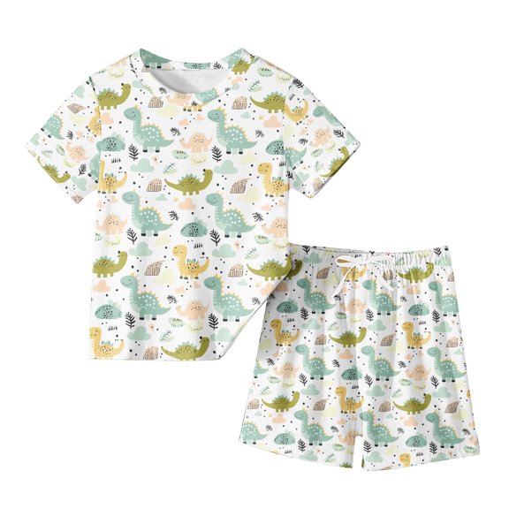 Odeerbi Kids Boys Girls Two Piece Outfits Summer Clothes Fashion Casual Dinosaur Cartoon Printed Round Neck Short Sleeve Tops Shorts Set White