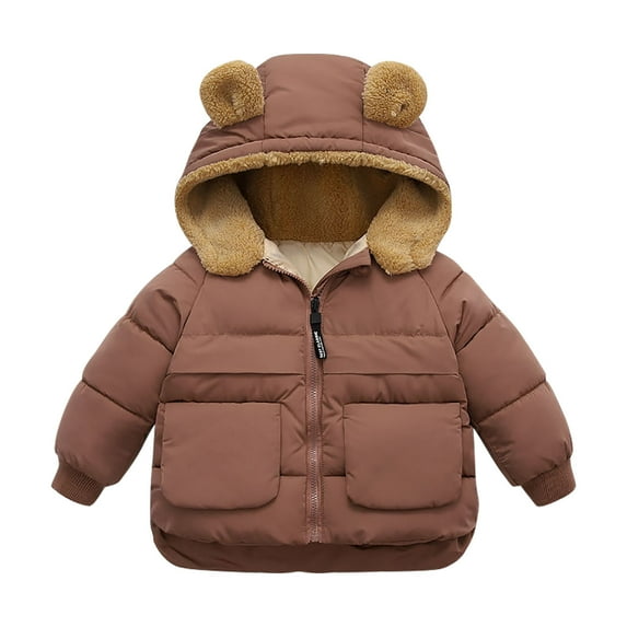 Odeerbi Kids Boys Girls Winter Coat Fleece Lined Puffer Jacket Thermal Padded Coats Kids Cute Solid Color Plush Thick Keep Warm Hooded Coat Outerwear Kids Clothes Coffee