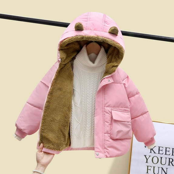 Odeerbi Kids Boys Girls Winter Coat Fleece Lined Quilted Puffer Jacket Thermal Padded Coats Long Sleeve Hooded Down Coat Kids Outdoor Bear Ear Outerwear Kids Clothes Pink