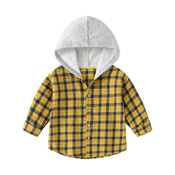 Odeerbi Kids Boys Girls Winter Coat Plaid Shacket Jacket Warm Outerwear Overcoat Fashion Casual Long Sleeve Hooded Checkered Jacket Yellow