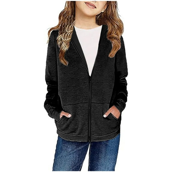 Odeerbi Kids Boys Girls Winter Fleece Lined Jacket Kids Toddler Hoodie Outwear Long Sleeve Pullover Sweatshirt 2024 Casual Top Teen Girl Clothes Coat with Pocket Black 8-9 Years