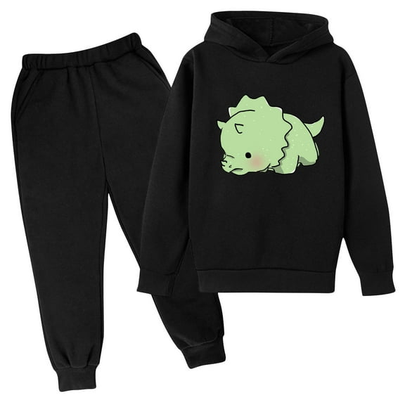 Odeerbi Kids Boys Girls Winter Outfits Dinosaur Sweatsuits Children Fashion Casual Tracksuit Long Sleeve Dinosaur Print Hoodies Sweatpants Set Black