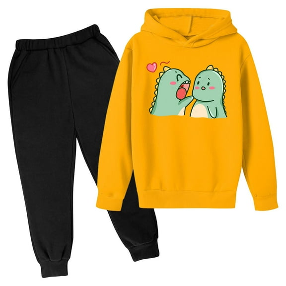 Odeerbi Kids Boys Girls Winter Outfits Dinosaur Sweatsuits Children Fashion Casual Tracksuit Long Sleeve Dinosaur Print Hoodies Sweatpants Set Orange