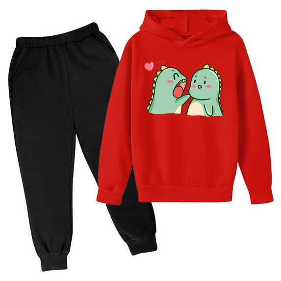 Odeerbi Kids Boys Girls Winter Outfits Dinosaur Sweatsuits Children Fashion Casual Tracksuit Long Sleeve Dinosaur Print Hoodies Sweatpants Set Red
