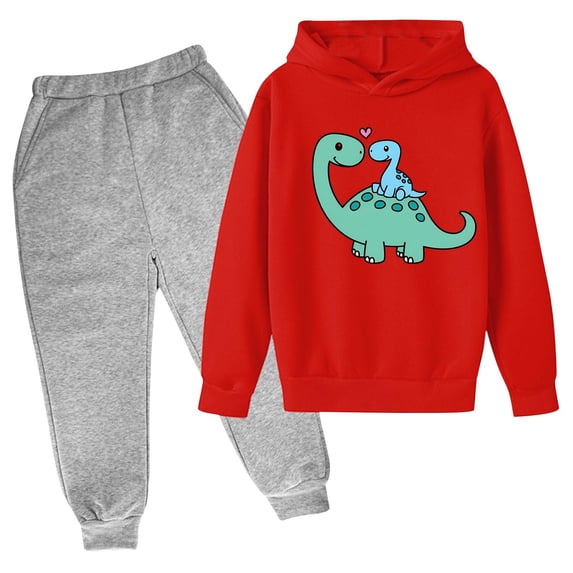 Odeerbi Kids Boys Girls Winter Outfits Dinosaur Sweatsuits Children Fashion Casual Tracksuit Long Sleeve Dinosaur Print Hoodies Sweatpants Set Red