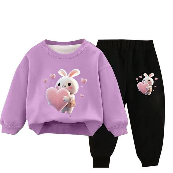 Odeerbi Kids Boys Girls Winter Warm Fleece Sweatsuits Two Piece Outfits Set Cartoon Printed Sweatshirt Jogger Pants Tracksuit Set Plush Loose Pullover Sweater Casual Hoodie Purple