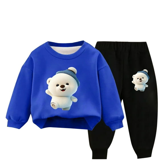 Odeerbi Kids Boys Girls Winter Warm Fleece Sweatsuits Two Piece Outfits Set Cartoon Printed Sweatshirt Jogger Pants Tracksuit Set Children Plush Loose Pullover Sweater Casual Hoodie Blue