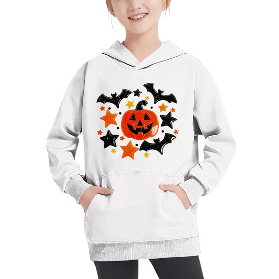 Odeerbi Kids Boys Halloween Hoodies Fall Winter Pullover Hooded Sweatshirts 4-14 Years Children's Halloween Printed Hoodie Long Sleeve Top Sweatshirt Kids Clothes White