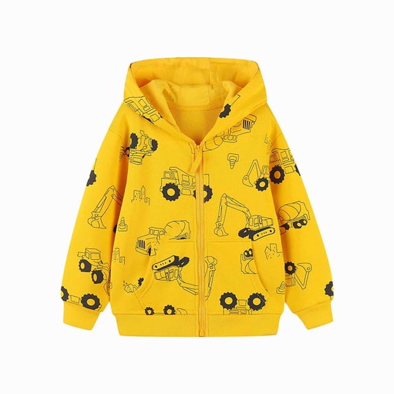 Odeerbi Kids Boys Hoodies Cartoon Printed Zip-Up Hooded Sweatshirts Traffic Printed Long Sleeve Hooded Jacket Hooded Sweatshirt Yellow