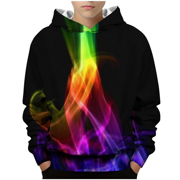 Odeerbi Kids Boys Hoodies Printed Pullover Hooded Sweatshirts Children's Long Sleeve Pattern Printed Hooded Sweatshirt Round Neck T-shirt Black-2