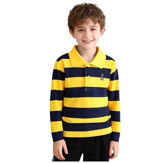 Odeerbi Kids Boys Striped Cotton Golf Shirts Embroidered Lapel Button Long Sleeve Tennis Shirts School Uniform