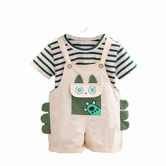 Odeerbi Kids Boys Two Piece Outfits Cotton Summer Clothes Fashionable Baby Cartoon Printed Striped Round Neck Short Sleeve Tops + Overall Shorts Set White