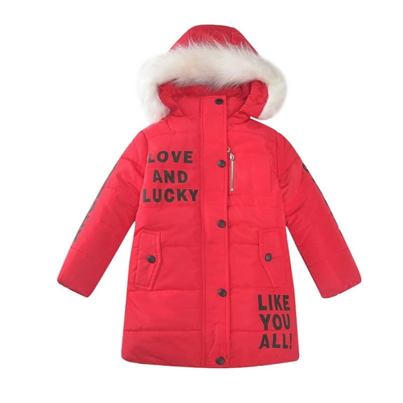 Odeerbi Kids Coats Toddler Girls Winter Padded Coats Heavy Coat Thickened Jacket Children Letter Cute Hooded Zipper Jacket Clothes Red