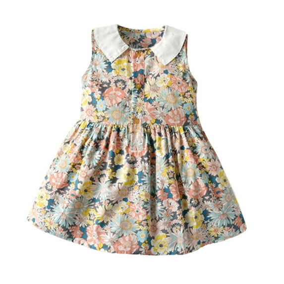 Odeerbi Kids Dress Toddler Girls Princess Dresses Summer Tank Dress Retro Print Sleeveless Dress Baby Clothes Beige