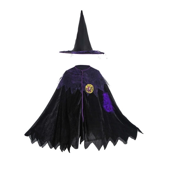 Odeerbi Kids Girls 2 PCS Witch Cape Set Irregular Hem Lace Cloak with Witch Hat Halloween Outfit