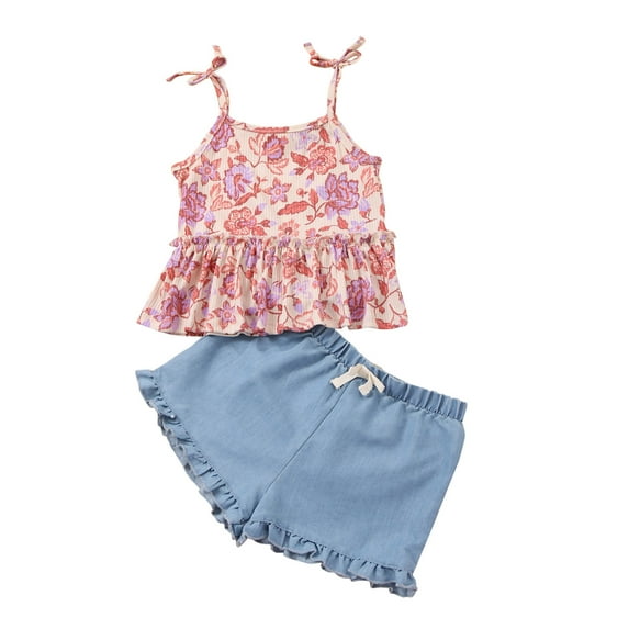Odeerbi Kids Girls 2 Piece Outfits Floral Camisole Tops Shorts Set Summer Cotton Clothes Fashion Casual Ruffle Blouse Round Neck Collar Botton Printed Shorts Sets Pink