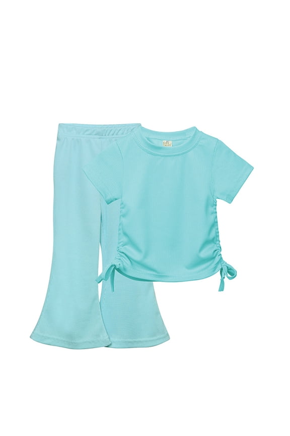 Kids Girls 2 Piece Outfits Rib Knit Drawstring T-shirt Flared Pants Set Summer Clothes Fashion Solid Color Short Sleeve Round Neck Top Flare Pants Two Piece Set Blue