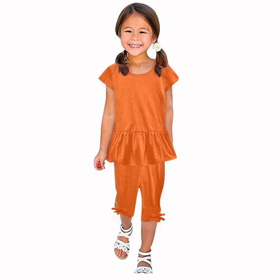 Odeerbi Kids Girls 2 Piece Outfits Ruffle Tops Capris Set Summer Clothes Fashion Casual Round Neck Collar Short Sleeve Blouse Shorts Sets Orange