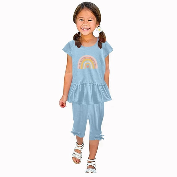 Odeerbi Kids Girls 2 Piece Outfits Ruffle Tops Capris Set Summer Clothes Floral Print Round Neck Short Sleeve Flying Sleeves Top Elastic Waist Cropped Pants Two-piece Set Light Blue