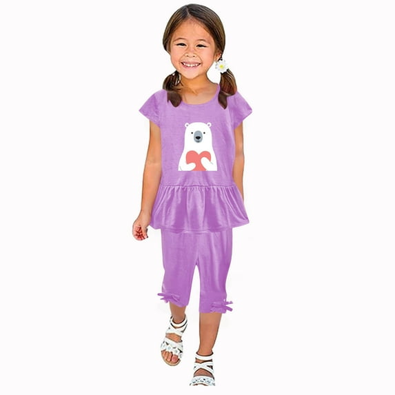 Odeerbi Kids Girls 2 Piece Outfits Ruffle Tops Capris Set Summer Clothes Floral Print Round Neck Short Sleeve Flying Sleeves Top Elastic Waist Cropped Pants Two-piece Set Purple