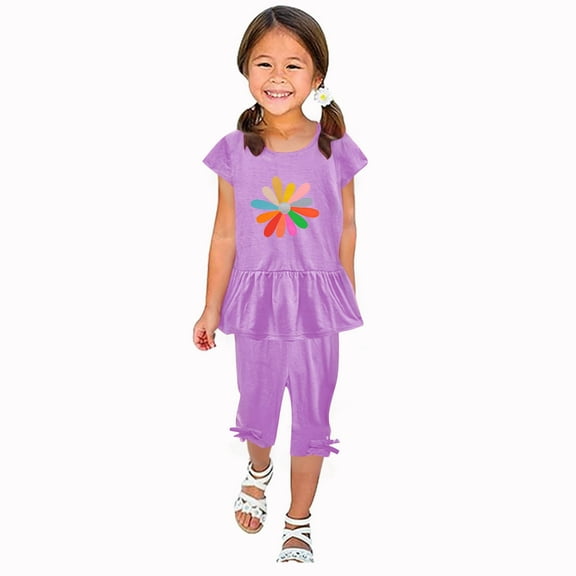 Odeerbi Kids Girls 2 Piece Outfits Ruffle Tops Capris Set Summer Clothes Floral Print Round Neck Short Sleeve Flying Sleeves Top Elastic Waist Cropped Pants Two-piece Set Purple