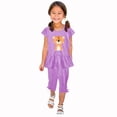 thumbnail image 1 of Odeerbi Kids Girls 2 Piece Outfits Ruffle Tops Capris Set Summer Clothes Floral Print Round Neck Short Sleeve Flying Sleeves Top Elastic Waist Cropped Pants Two-piece Set Purple, 1 of 5