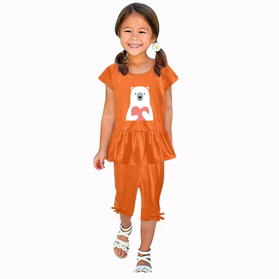 Odeerbi Kids Girls 2 Piece Outfits Ruffle Tops Capris Set Summer Clothes Floral Print Round Neck Short Sleeve Flying Sleeves Top Elastic Waist Cropped Pants Two-piece Set Orange