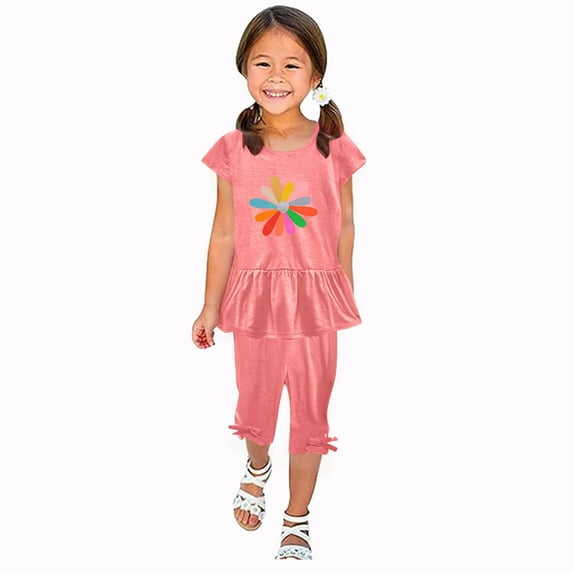 Odeerbi Kids Girls 2 Piece Outfits Ruffle Tops Capris Set Summer Clothes Floral Print Round Neck Short Sleeve Flying Sleeves Top Elastic Waist Cropped Pants Two-piece Set Pink