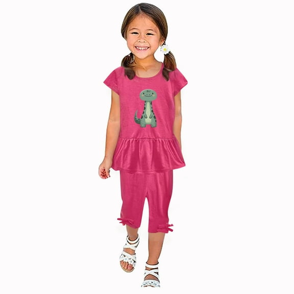 Odeerbi Kids Girls 2 Piece Outfits Ruffle Tops Capris Set Summer Clothes Floral Print Round Neck Short Sleeve Flying Sleeves Top Elastic Waist Cropped Pants Two-piece Set Hot Pink