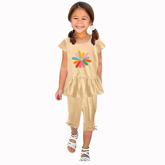 Odeerbi Kids Girls 2 Piece Outfits Ruffle Tops Capris Set Summer Clothes Floral Print Round Neck Short Sleeve Flying Sleeves Top Elastic Waist Cropped Pants Two-piece Set Khaki