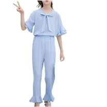 Odeerbi Kids Girls 2 Piece Outfits Ruffle Tops Pants Set Summer Clothes Spring Cute Solid Color Long Sleeve Comfy V-Neck Blouses Pants Set Blue