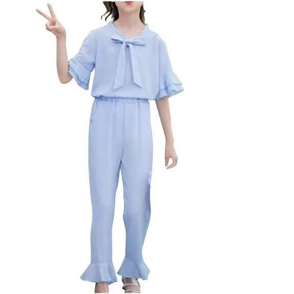 Odeerbi Kids Girls 2 Piece Outfits Ruffle Tops Pants Set Summer Clothes Spring Cute Solid Color Long Sleeve Comfy V-Neck Blouses Pants Set Blue