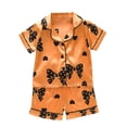 thumbnail image 1 of Odeerbi Kids Girls 2 Piece Pajamas Set Cartoon Satin Sleepwear Fashion Casual Short Sleeve Tops Turndown Neck Collar Botton Printed Shorts Sets Orange, 1 of 4