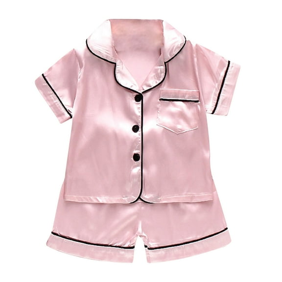 Odeerbi Kids Girls 2 Piece Pajamas Set Satin Sleepwear Fashion Casual Short Sleeve Tops Turndown Neck Collar Botton Solid Color Shorts Sets Pink