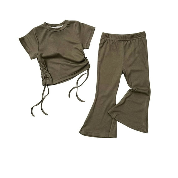 Odeerbi Kids Girls 2 Piece Summer Outfits Cotton Drawstring T-shirt Flared Pants Set Children Solid Color Short Sleeve Drawstring Round Neck Tops Loose Shorts with Pockets Sets Green