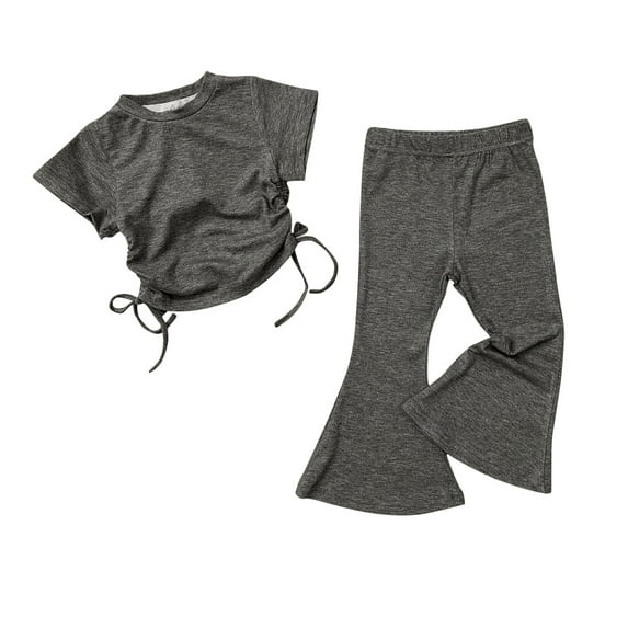 Odeerbi Kids Girls 2 Piece Summer Outfits Cotton Drawstring T-shirt Flared Pants Set Children Solid Color Short Sleeve Drawstring Round Neck Tops Loose Shorts with Pockets Sets Gray